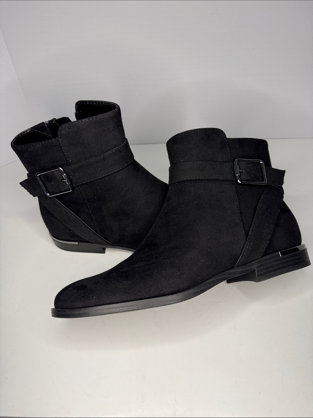 Nine West Black Suede Ankle Booties with Buckle Accent